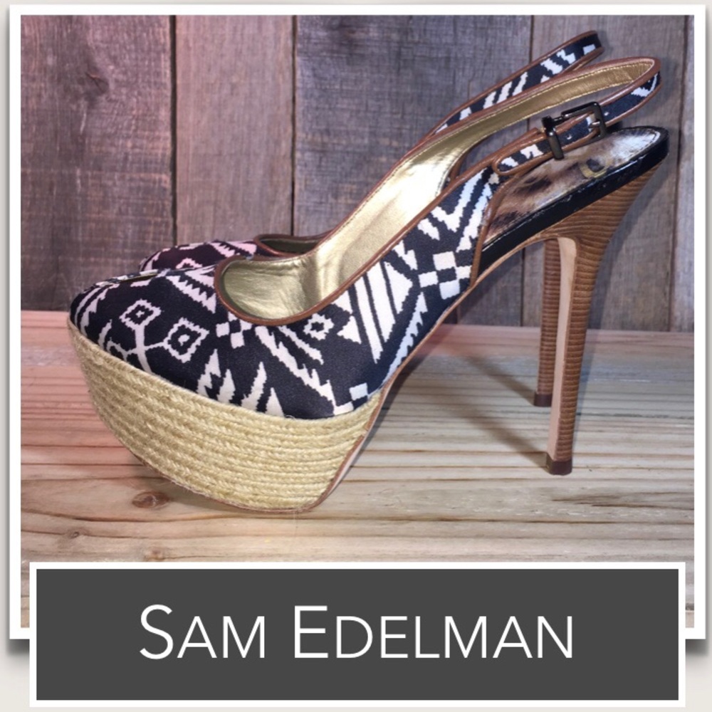Sam Edelman Novato Peep Toe Leather Slingbacks Black-White Silk in Aztec Pattern - Picture 2 of 7